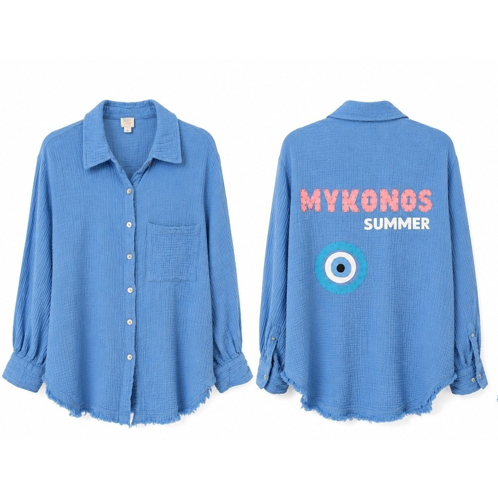 Surf Gypsy Island Hopping Button Up S Blue‎ Gauze Evil Eye Rhinestone Shirt Boho